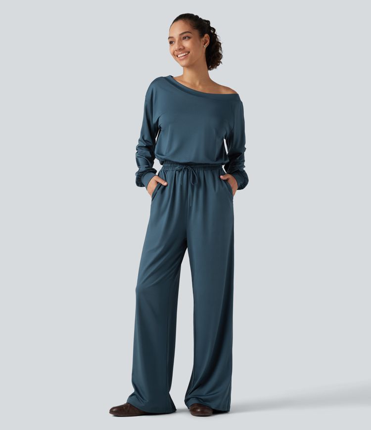 One Shoulder Long Sleeve Drawstring Baggy Casual Jumpsuit with Pockets-Easy Peezy Edition One Shoulder Long Sleeve Drawstring Baggy Casual Jumpsuit with Pockets-Easy Peezy Edition