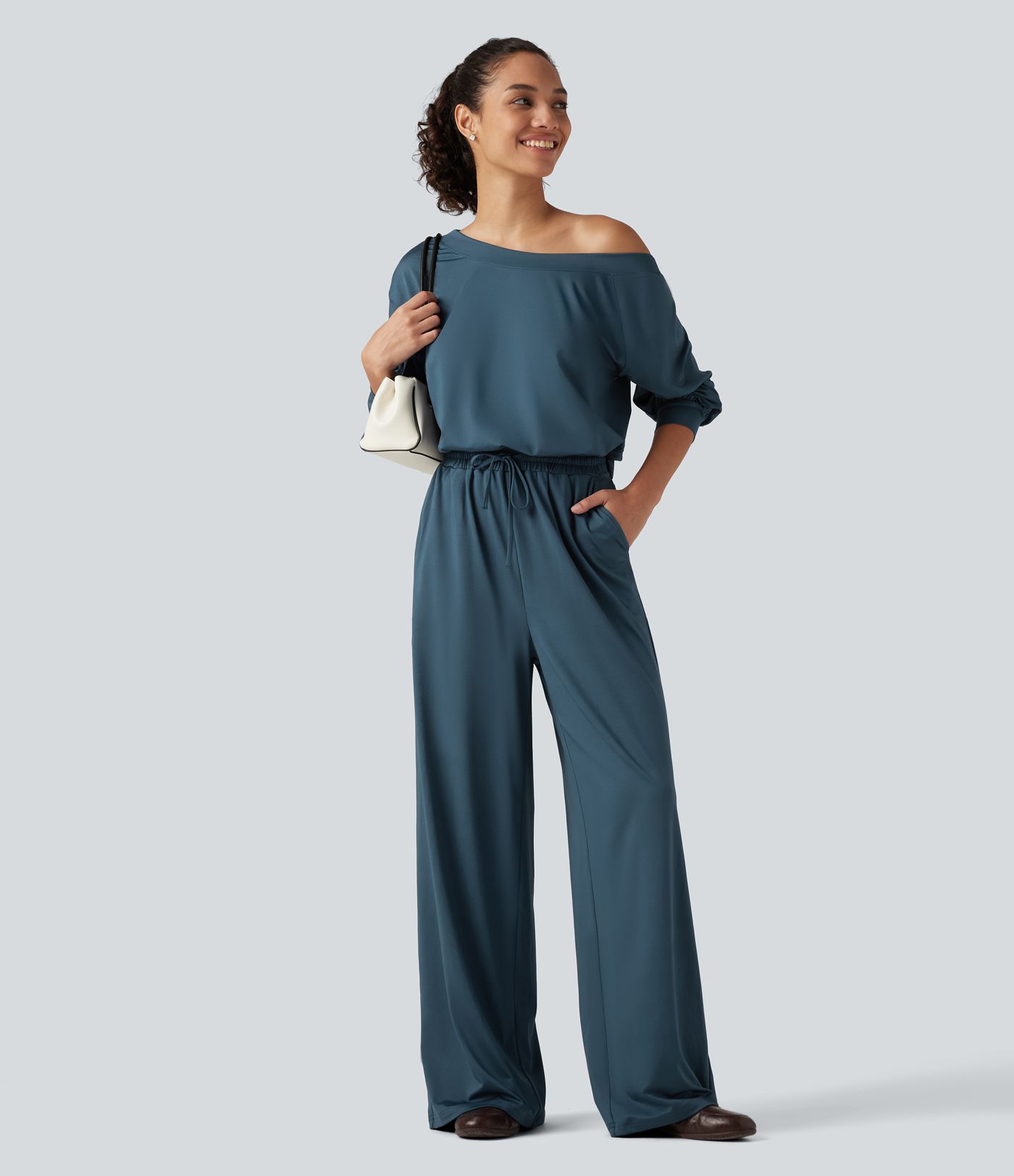 One Shoulder Long Sleeve Drawstring Baggy Casual Jumpsuit with Pockets-Easy Peezy Edition One Shoulder Long Sleeve Drawstring Baggy Casual Jumpsuit with Pockets-Easy Peezy Edition