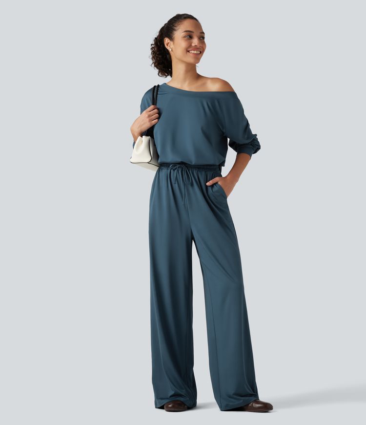 One Shoulder Long Sleeve Drawstring Baggy Casual Jumpsuit with Pockets-Easy Peezy Edition One Shoulder Long Sleeve Drawstring Baggy Casual Jumpsuit with Pockets-Easy Peezy Edition