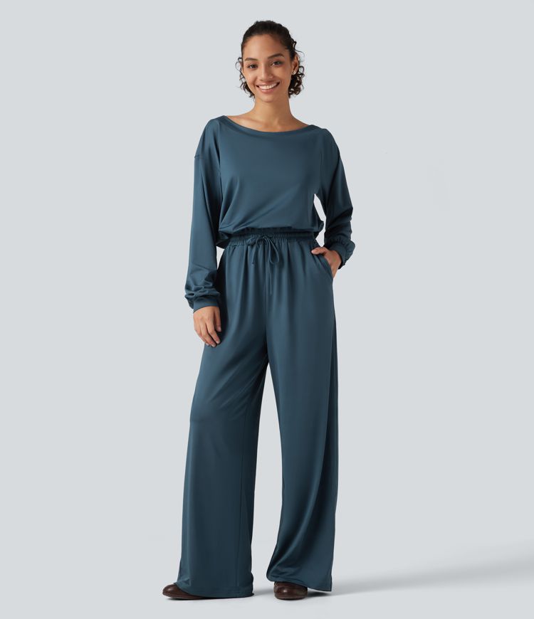 One Shoulder Long Sleeve Drawstring Baggy Casual Jumpsuit with Pockets-Easy Peezy Edition One Shoulder Long Sleeve Drawstring Baggy Casual Jumpsuit with Pockets-Easy Peezy Edition