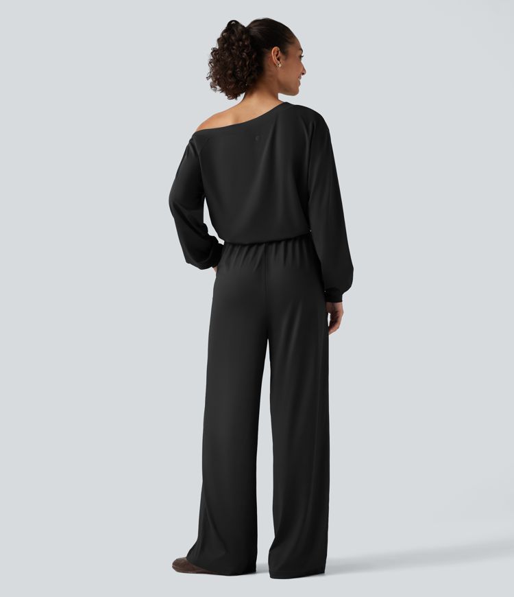 Black One Shoulder Long Sleeve Drawstring Baggy Casual Jumpsuit with Pockets-Easy Peezy Edition / 2