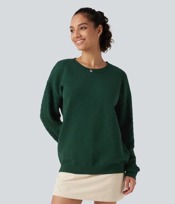 Round Neck Long Sleeve Relaxed Work Sweater Round Neck Long Sleeve Relaxed Work Sweater