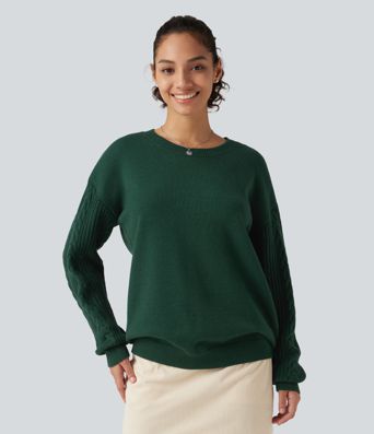 Round Neck Long Sleeve Relaxed Work Sweater Round Neck Long Sleeve Relaxed Work Sweater