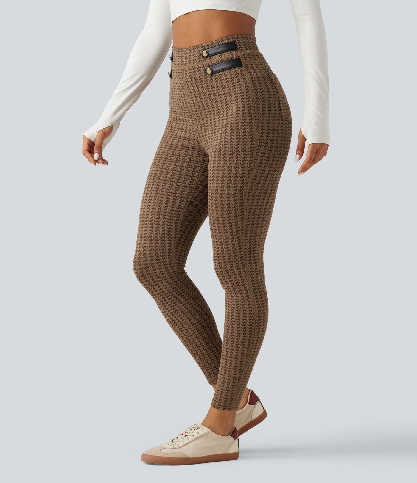 High Waisted Houndstooth Yoga Leggings with Pockets