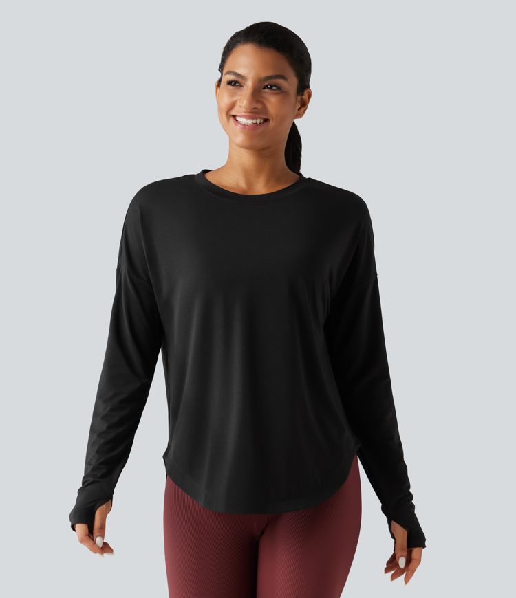 Haut de sport yoga à séchage rapide, encolure arrondie, manches longues avec passe-pouces et brassière intégrée Haut de sport yoga à séchage rapide, encolure arrondie, manches longues avec passe-pouces et brassière intégrée