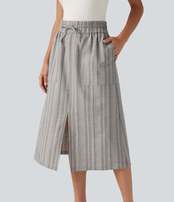 High Waisted Drawstring Stripe Midi Casual Skirt with Pockets High Waisted Drawstring Stripe Midi Casual Skirt with Pockets