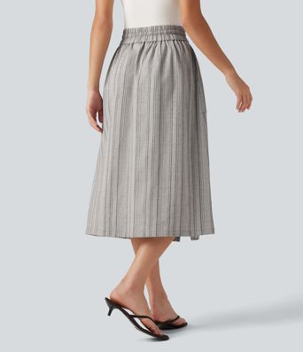 High Waisted Drawstring Stripe Midi Casual Skirt with Pockets High Waisted Drawstring Stripe Midi Casual Skirt with Pockets