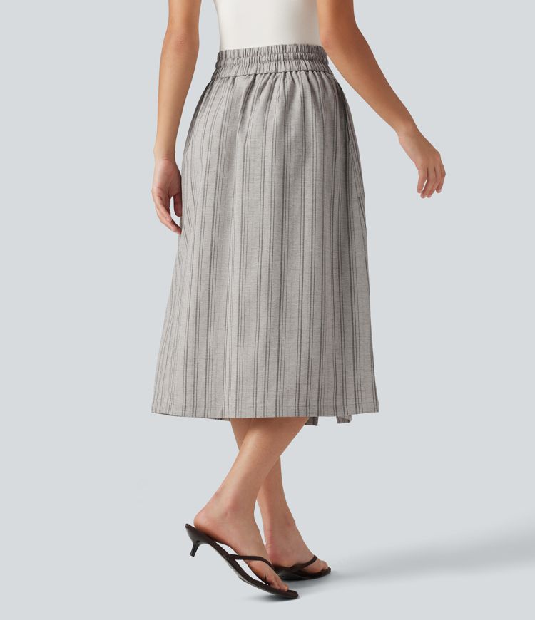 High Waisted Drawstring Stripe Midi Casual Skirt with Pockets High Waisted Drawstring Stripe Midi Casual Skirt with Pockets