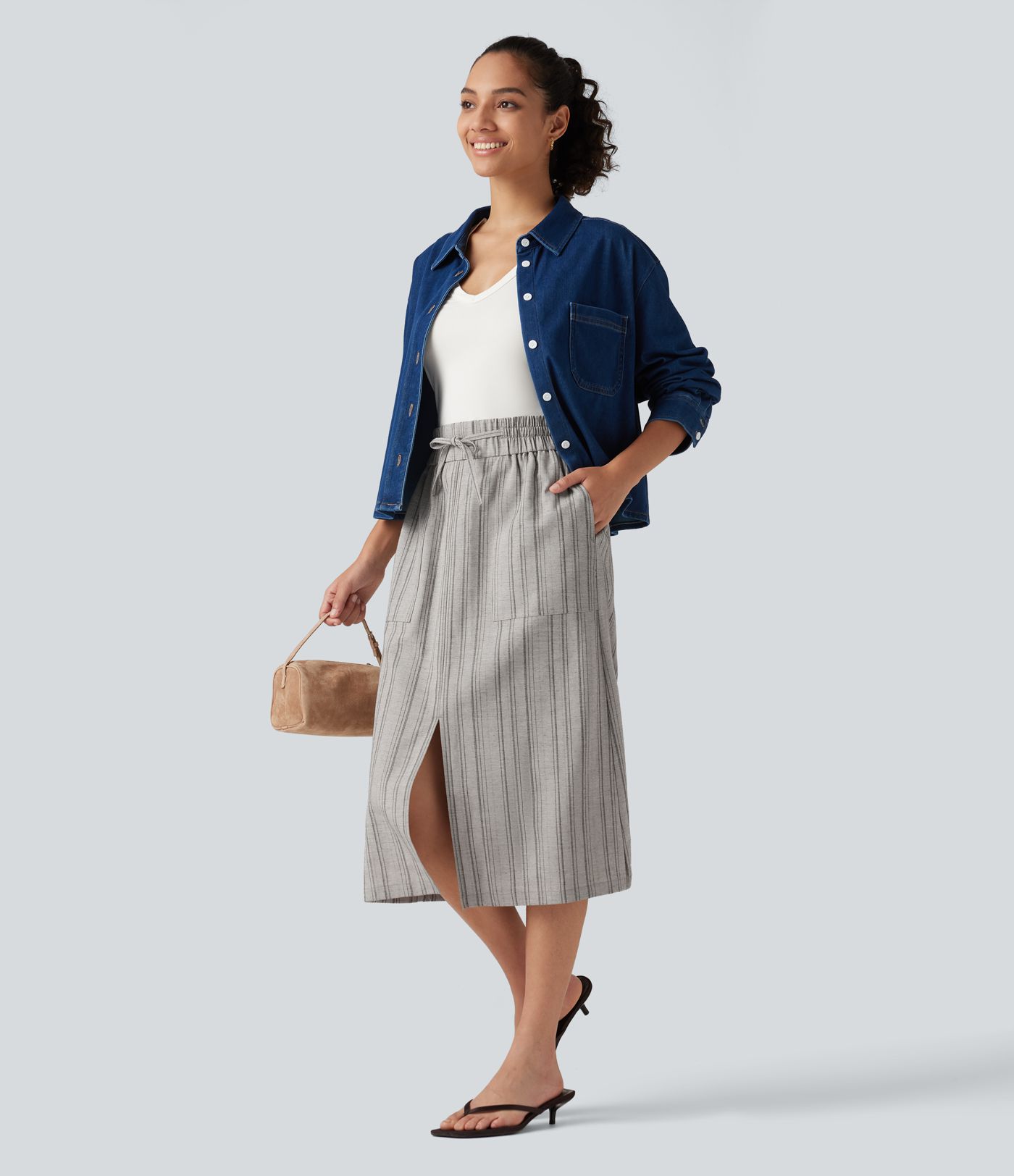 High Waisted Drawstring Stripe Midi Casual Skirt with Pockets High Waisted Drawstring Stripe Midi Casual Skirt with Pockets