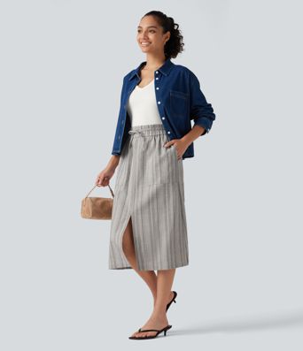 High Waisted Drawstring Stripe Midi Casual Skirt with Pockets High Waisted Drawstring Stripe Midi Casual Skirt with Pockets