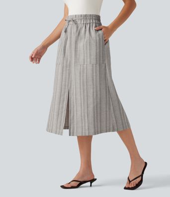 High Waisted Drawstring Stripe Midi Casual Skirt with Pockets High Waisted Drawstring Stripe Midi Casual Skirt with Pockets