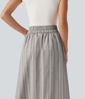 High Waisted Drawstring Stripe Midi Casual Skirt with Pockets High Waisted Drawstring Stripe Midi Casual Skirt with Pockets