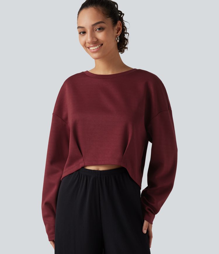 Tibetan Red Boat Neck Long Sleeve Ruched Lounge Top / 1