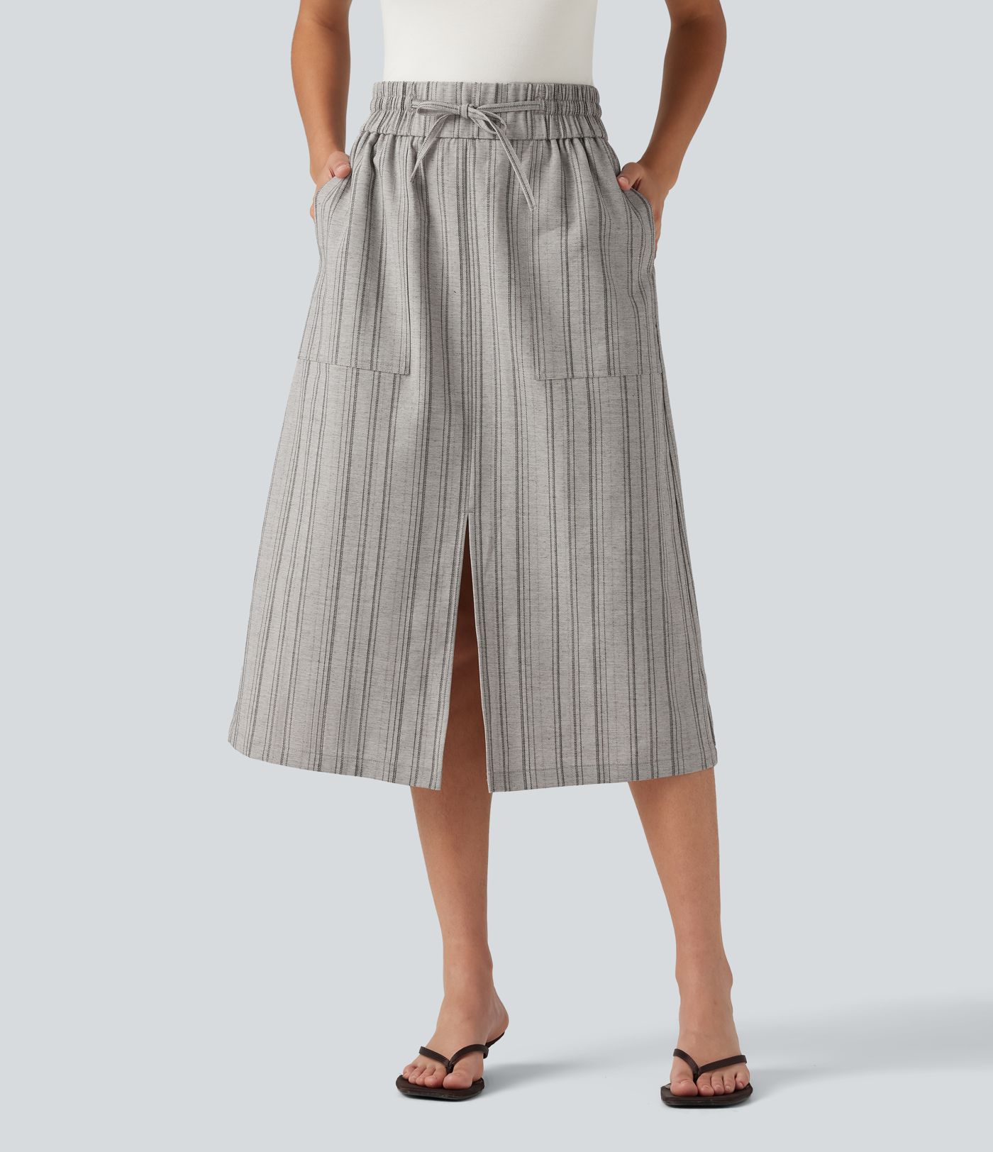 High Waisted Drawstring Stripe Midi Casual Skirt with Pockets High Waisted Drawstring Stripe Midi Casual Skirt with Pockets