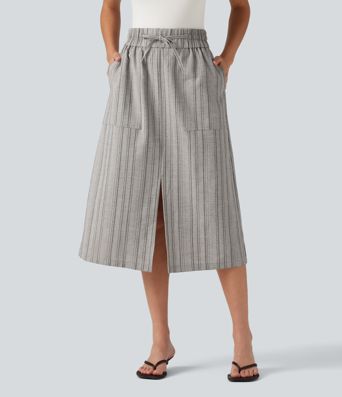 High Waisted Drawstring Stripe Midi Casual Skirt with Pockets High Waisted Drawstring Stripe Midi Casual Skirt with Pockets