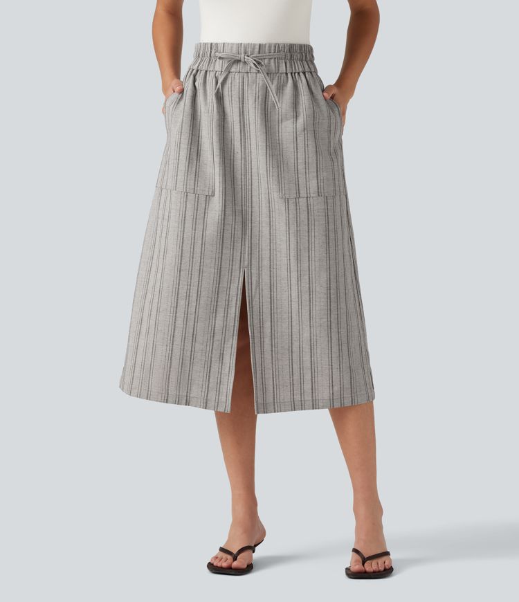 High Waisted Drawstring Stripe Midi Casual Skirt with Pockets High Waisted Drawstring Stripe Midi Casual Skirt with Pockets