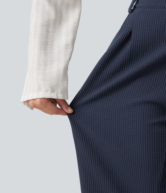 Mid Rise Barrel Leg Waffle Casual Pants with Pockets Mid Rise Barrel Leg Waffle Casual Pants with Pockets