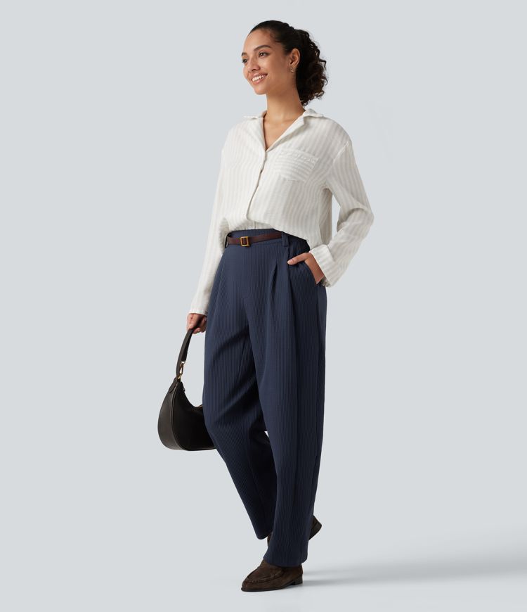 Mid Rise Barrel Leg Waffle Casual Pants with Pockets Mid Rise Barrel Leg Waffle Casual Pants with Pockets