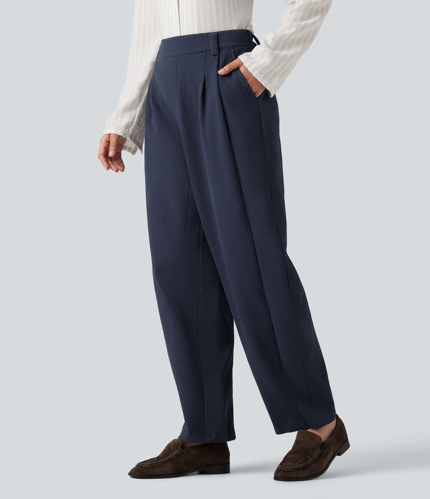 Mid Rise Barrel Leg Waffle Casual Pants with Pockets Mid Rise Barrel Leg Waffle Casual Pants with Pockets