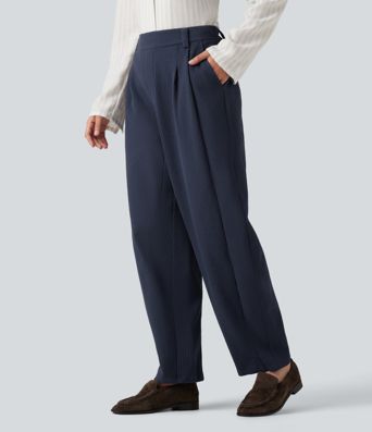 Mid Rise Barrel Leg Waffle Casual Pants with Pockets Mid Rise Barrel Leg Waffle Casual Pants with Pockets