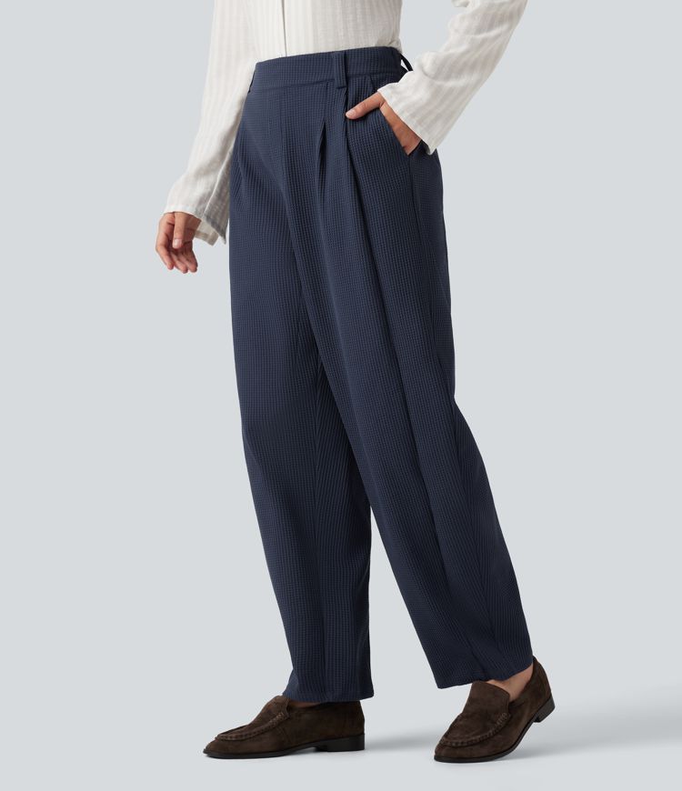 Mid Rise Barrel Leg Waffle Casual Pants with Pockets Mid Rise Barrel Leg Waffle Casual Pants with Pockets