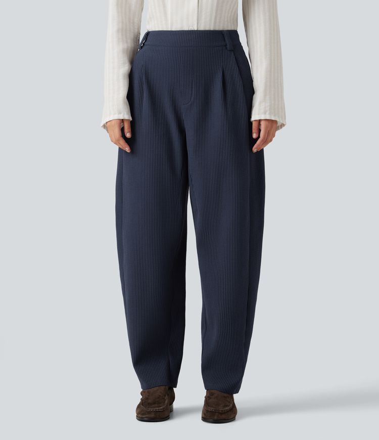 Mid Rise Barrel Leg Waffle Casual Pants with Pockets Mid Rise Barrel Leg Waffle Casual Pants with Pockets