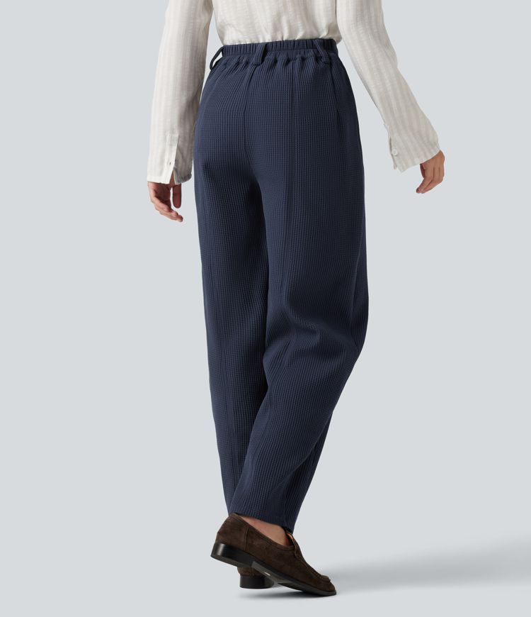 Mid Rise Barrel Leg Waffle Casual Pants with Pockets Mid Rise Barrel Leg Waffle Casual Pants with Pockets