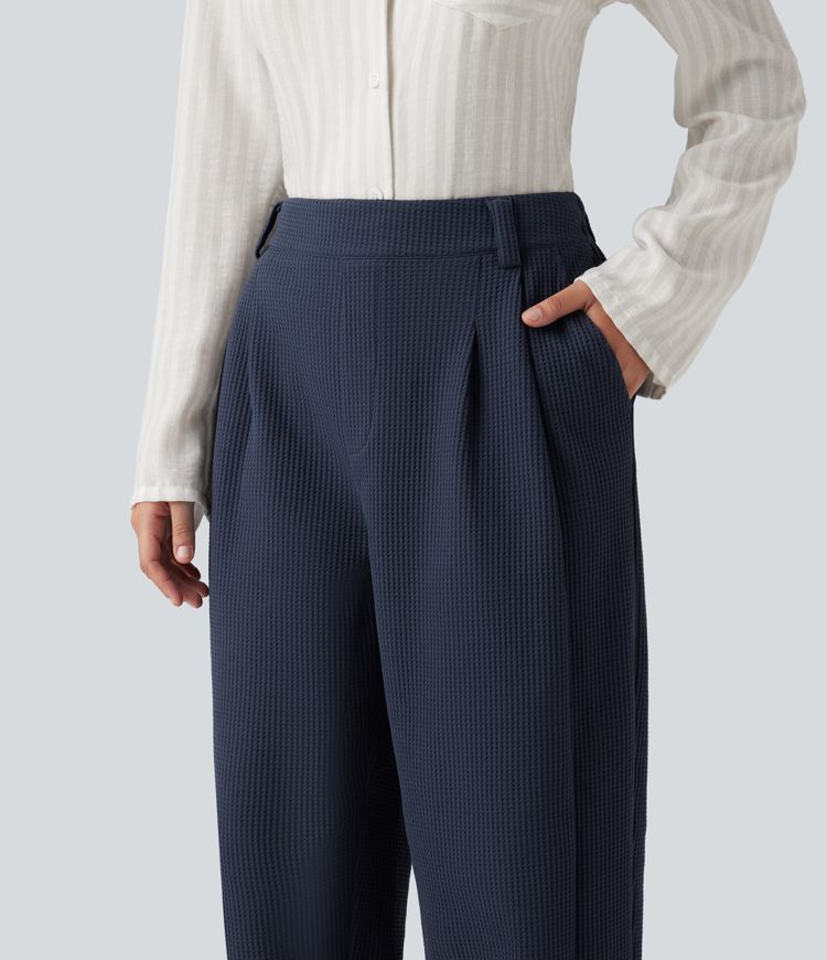 Mid Rise Barrel Leg Waffle Casual Pants with Pockets Mid Rise Barrel Leg Waffle Casual Pants with Pockets