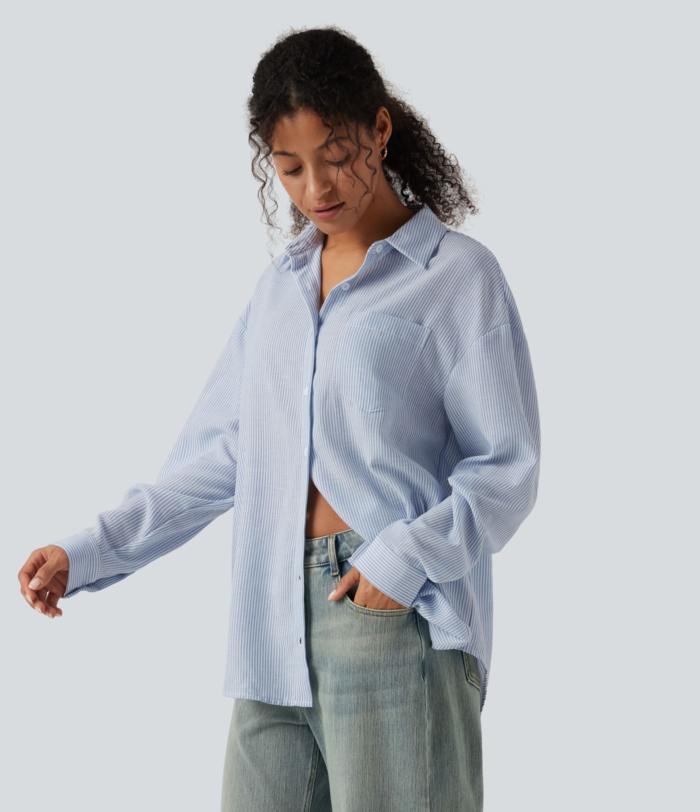 Long Sleeve Curved Hem Stripe Work Linen-Feel Shirt with Pocket