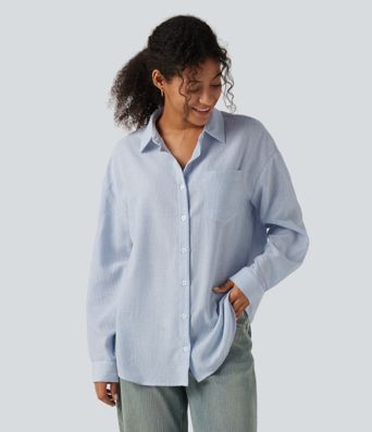Long Sleeve Curved Hem Stripe Work Linen-Feel Shirt with Pocket