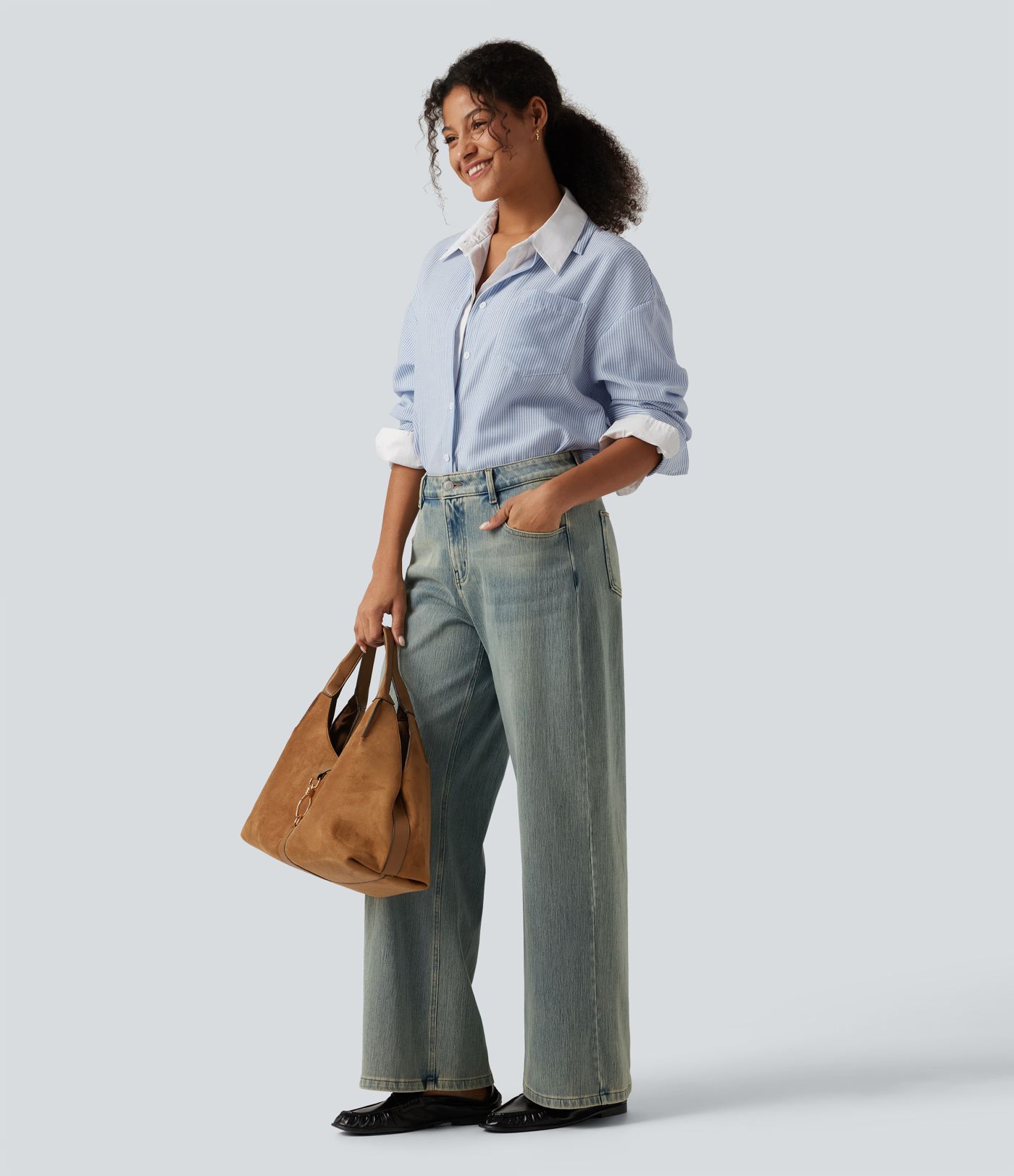 Long Sleeve Curved Hem Stripe Work Linen-Feel Shirt with Pocket