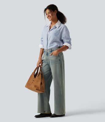 Long Sleeve Curved Hem Stripe Work Linen-Feel Shirt with Pocket