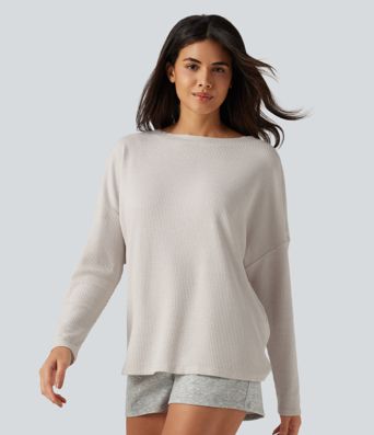 Boat Neck Batwing Long Sleeve Ruched Waffle Lounging Top Boat Neck Batwing Long Sleeve Ruched Waffle Lounging Top
