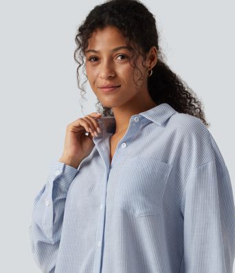 Long Sleeve Curved Hem Stripe Work Linen-Feel Shirt with Pocket