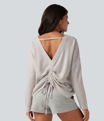Boat Neck Batwing Long Sleeve Ruched Waffle Lounging Top Boat Neck Batwing Long Sleeve Ruched Waffle Lounging Top