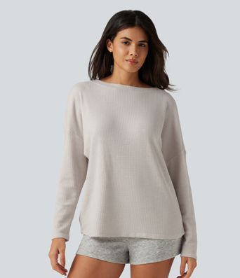 Boat Neck Batwing Long Sleeve Ruched Waffle Lounging Top Boat Neck Batwing Long Sleeve Ruched Waffle Lounging Top