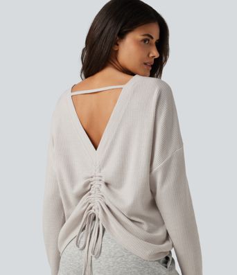 Boat Neck Batwing Long Sleeve Ruched Waffle Lounging Top Boat Neck Batwing Long Sleeve Ruched Waffle Lounging Top