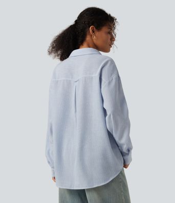 Long Sleeve Curved Hem Stripe Work Linen-Feel Shirt with Pocket