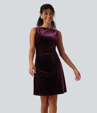 Ärmelloses, gerafftes Party-Minikleid aus Samt mit U-Boot-Ausschnitt
