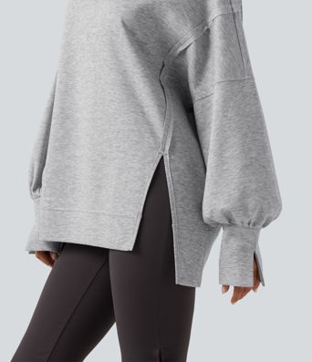 Round Neck Dropped Long Sleeve Slit Hem Casual Sweatshirt Round Neck Dropped Long Sleeve Slit Hem Casual Sweatshirt