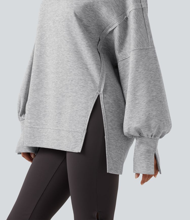 Round Neck Dropped Long Sleeve Slit Hem Casual Sweatshirt Round Neck Dropped Long Sleeve Slit Hem Casual Sweatshirt