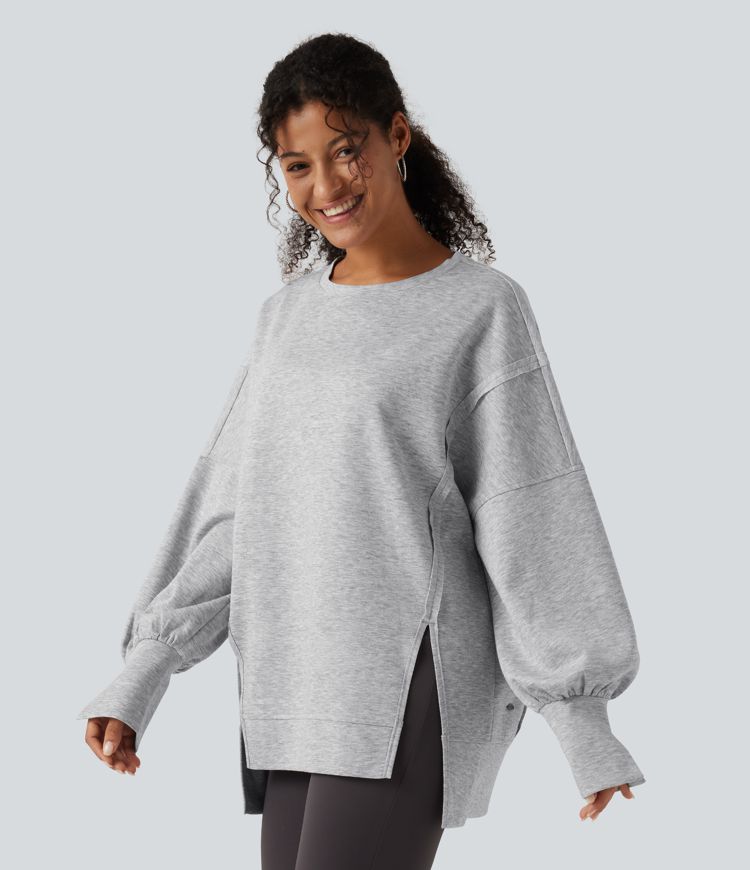 Round Neck Dropped Long Sleeve Slit Hem Casual Sweatshirt Round Neck Dropped Long Sleeve Slit Hem Casual Sweatshirt