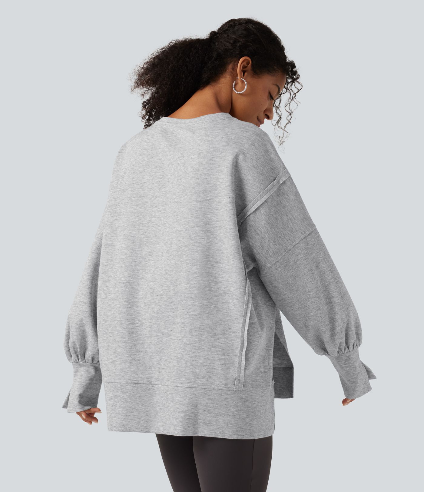 Round Neck Dropped Long Sleeve Slit Hem Casual Sweatshirt Round Neck Dropped Long Sleeve Slit Hem Casual Sweatshirt