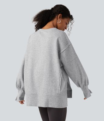 Round Neck Dropped Long Sleeve Slit Hem Casual Sweatshirt Round Neck Dropped Long Sleeve Slit Hem Casual Sweatshirt
