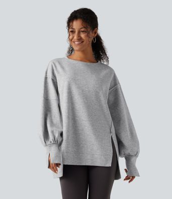 Round Neck Dropped Long Sleeve Slit Hem Casual Sweatshirt Round Neck Dropped Long Sleeve Slit Hem Casual Sweatshirt