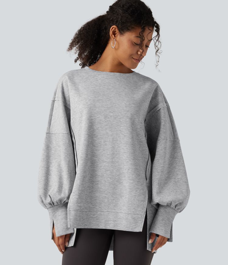 Round Neck Dropped Long Sleeve Slit Hem Casual Sweatshirt Round Neck Dropped Long Sleeve Slit Hem Casual Sweatshirt