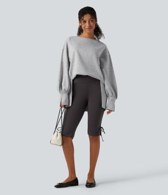 Round Neck Dropped Long Sleeve Slit Hem Casual Sweatshirt Round Neck Dropped Long Sleeve Slit Hem Casual Sweatshirt