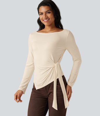 Boat Neck Long Sleeve Tie Side Asymmetric Hem Casual T-Shirt
