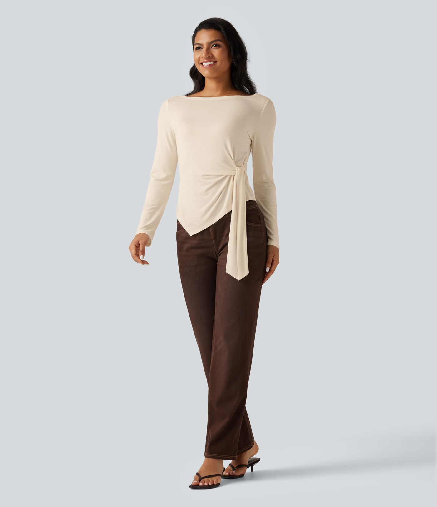 Boat Neck Long Sleeve Tie Side Asymmetric Hem Casual T-Shirt
