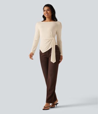 Boat Neck Long Sleeve Tie Side Asymmetric Hem Casual T-Shirt